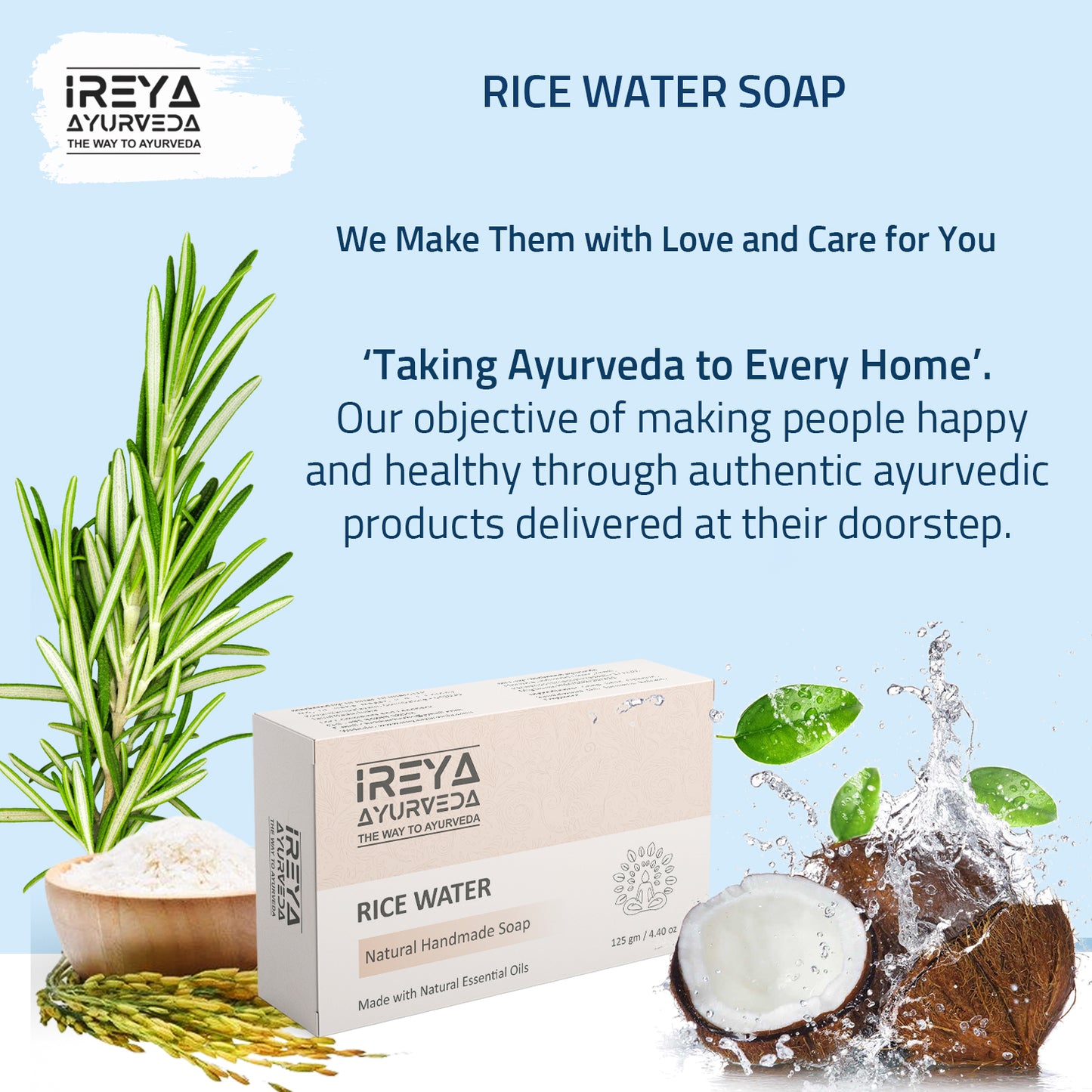 Handmade Natural Rice Water Soap with Coconut and Rosemary oil (Pack of 2)