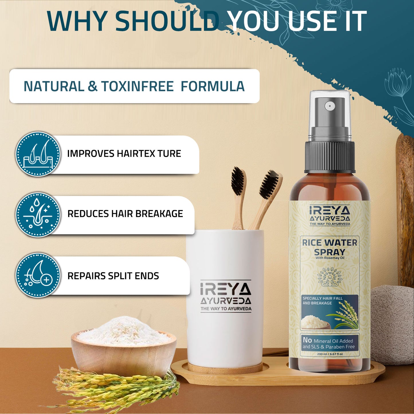 Rice Water Hair Spray With Rosemary Oil - Ireya Ayurveda